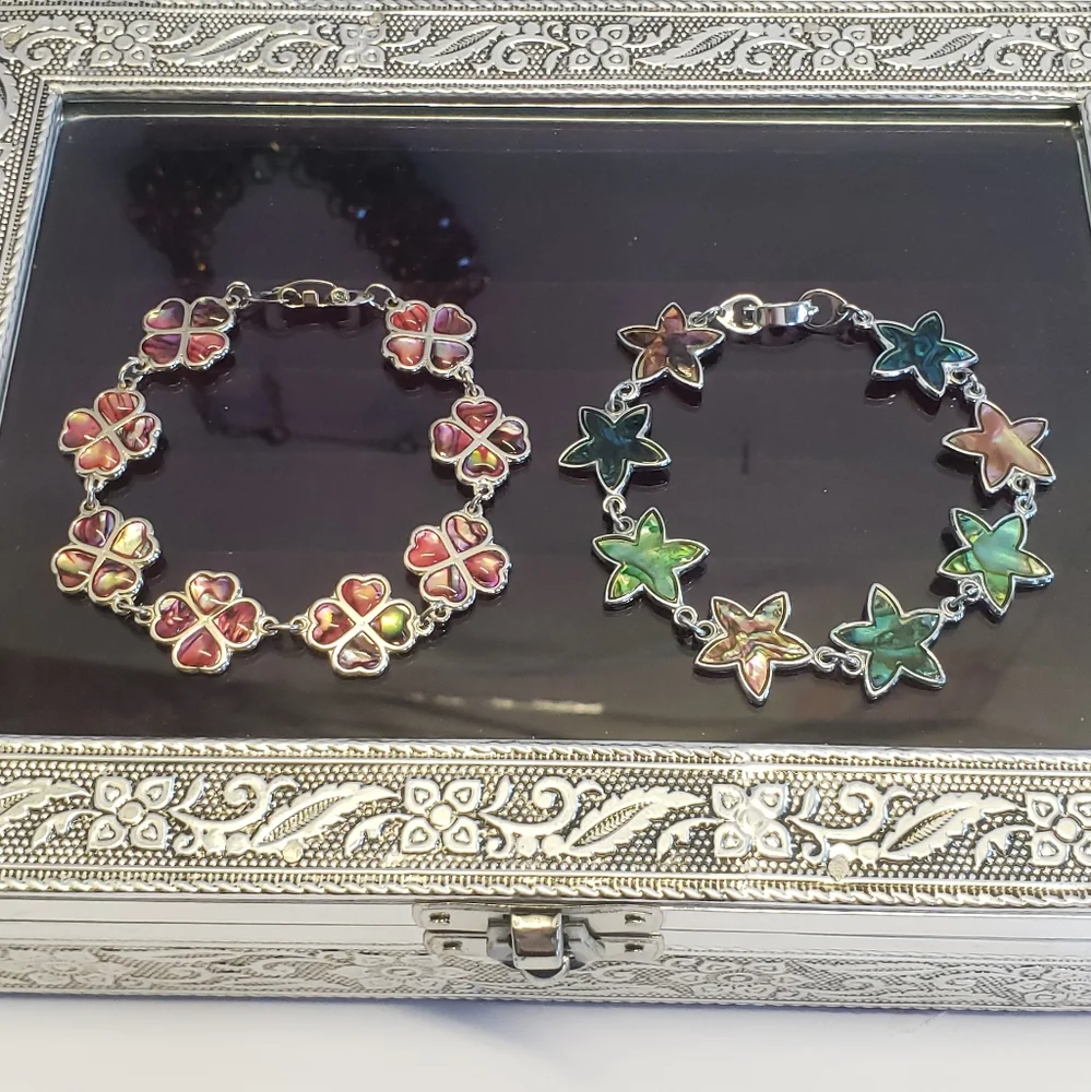 Abalone Silver Star & Clover Leaf Charm Bracelet 2 Bracelets